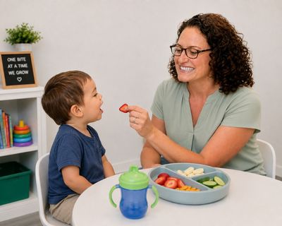 A feeding therapist offering a young boy a colorful plate of fruit and vegetables
