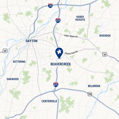 Map showing Therapy Connections in Beavercreek, near I-675 between Dayton, Centerville and Bellbrook